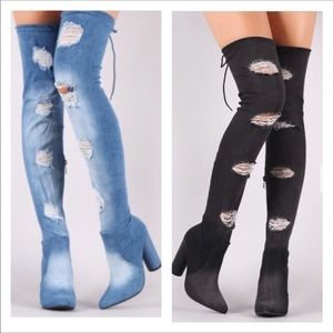 Blue denim distressed thigh high boots